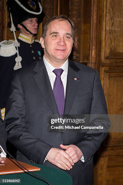 Swedish prime minister Stefan Lofven gives a press conference announcing the birth of Prince Oscar Carl Olof at the Royal Palace on March 3, 2015 in...