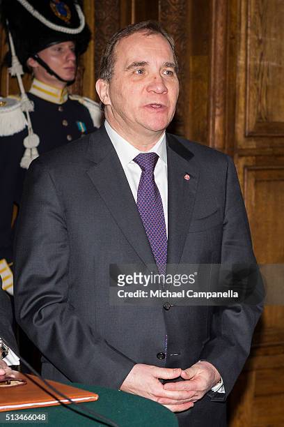 Swedish prime minister Stefan Lofven gives a press conference announcing the birth of Prince Oscar Carl Olof at the Royal Palace on March 3, 2015 in...