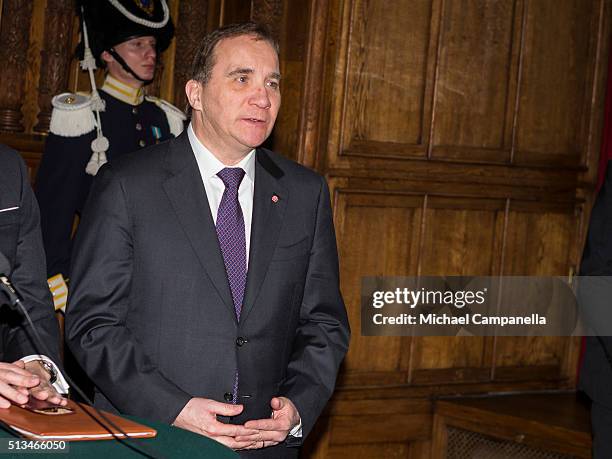 Swedish prime minister Stefan Lofven gives a press conference announcing the birth of Prince Oscar Carl Olof at the Royal Palace on March 3, 2015 in...