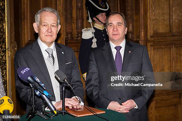 Permanent secretary Svante Lindqvist and Swedish prime minister Stefan Lofven give a press conference announcing the birth of Prince Oscar Carl Olof...