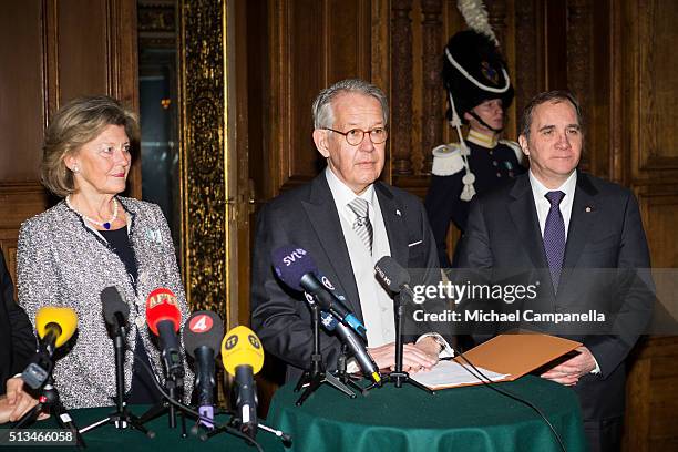 Kirstine von Blixen-Finecke, permanent secretary Svante Lindqvist and prime minister Stefan Lofven give a press conference announcing the birth of...