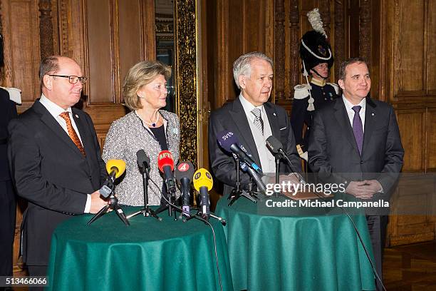 Speaker Urban Ahlin, Kirstine von Blixen-Finecke, permanent secretary Svante Lindqvist, and prime minister Stefan Lofven give a press conference...