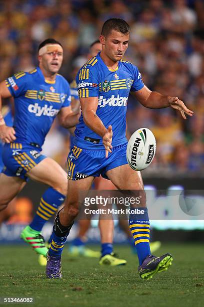 Luke Kelly of the Eels kicks during the round one NRL match between the Parramatta Eels and the Brisbane Broncos at Pirtek Stadium on March 3, 2016...