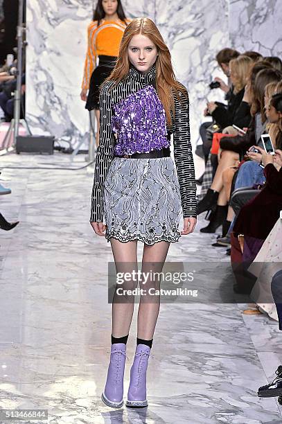 Model walks the runway at the Carven Winter 2016 fashion show during Paris Fashion Week on March 3, 2016 in Paris, France.