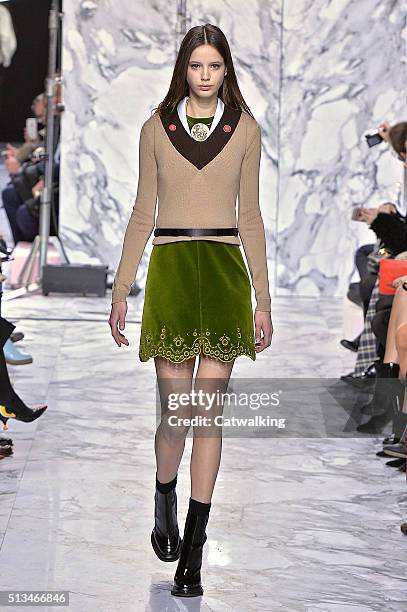 Model walks the runway at the Carven Winter 2016 fashion show during Paris Fashion Week on March 3, 2016 in Paris, France.