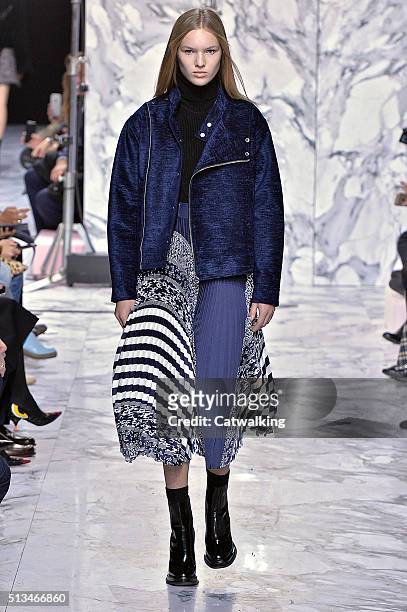 Model walks the runway at the Carven Winter 2016 fashion show during Paris Fashion Week on March 3, 2016 in Paris, France.