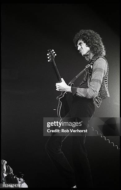 Brian May of Queen performs on stage at Groenoordhal, Leiden, Netherlands, 27th November 1980.