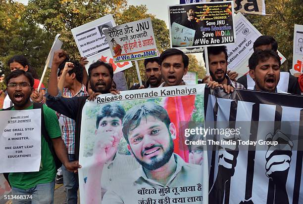 Activist during a protest demanding the release of Kanhaiya Kumar, A Jawaharlal Nehru University student union leader accused of sedition, in New...