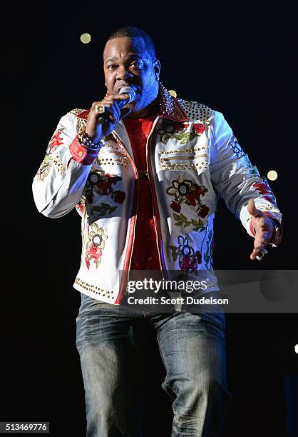 Rapper Busta Rhymes performs onstage at The Forum on February 28, 2016 in Inglewood, California.