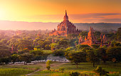 Pagoda landscape in the plain of Bagan, Myanmar.
