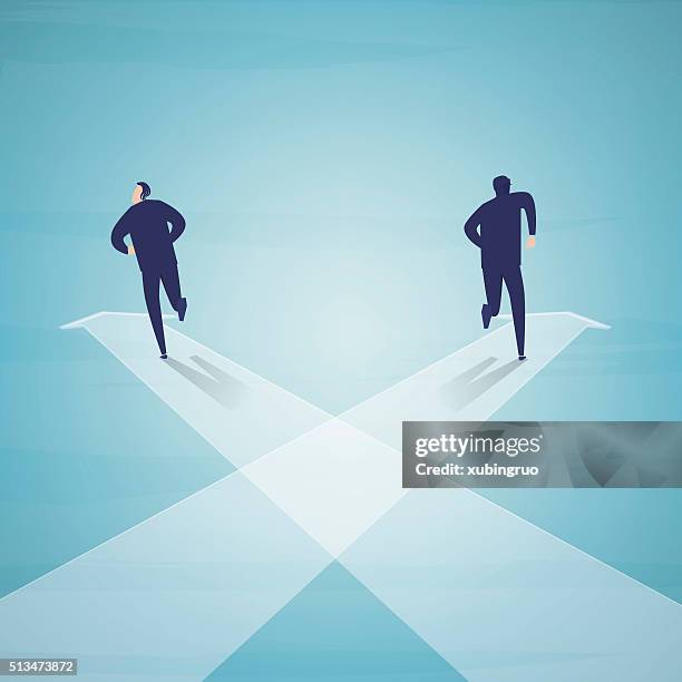 two businessman running on crossing arrow sign - go single word stock illustrations