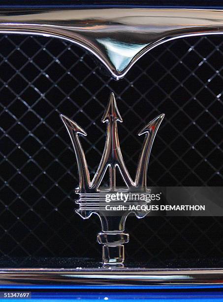 The logo of Italian car maker Maserati is pictured 27 September 2002 at the Paris Auto Show. The exhibition will open officially 28 September and...