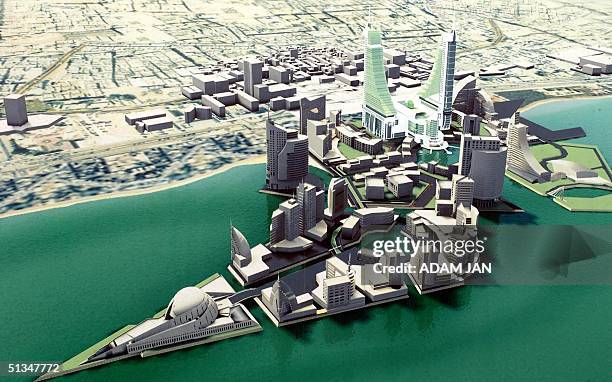 Picture taken 25 December 2002 shows a model of the one-billion-dollar financial center aimed at attracting inward investment and securing the tiny...