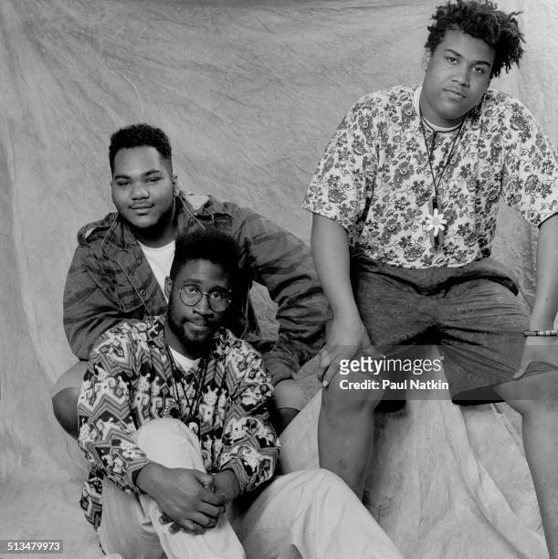 Portrait of American hip hop group De La Soul posed backstage at the University of Illinois' Chicago Pavilion, Chicago, Illinois, May 25, 1989....