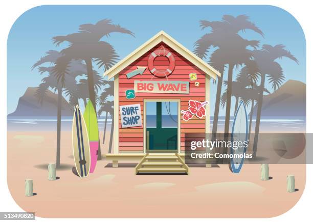 ilustrações, clipart, desenhos animados e ícones de verão praia de surf shak - cabana de praia