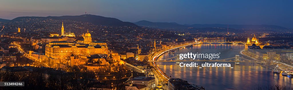 Budapest cityscape with Matthias Church, Chain Bridge and Parliament
