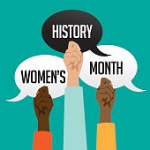 Women's history month design with multicultural hands