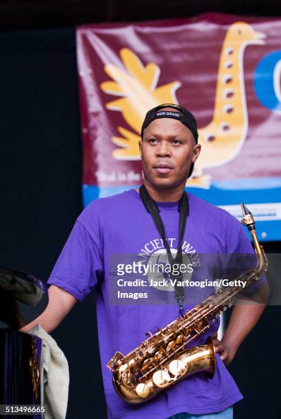 American Jazz musician Steve Coleman plays alto saxophone performs with Cassandra Wilson at the 15th Annual Charlie Parker Jazz Festival in Harlem's...
