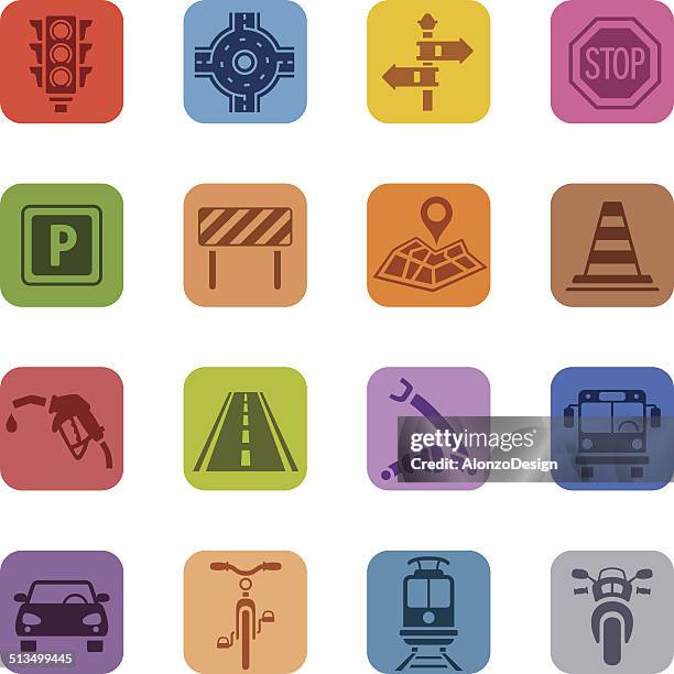colorful traffic icon set - arrows traffic cone concept stock illustrations