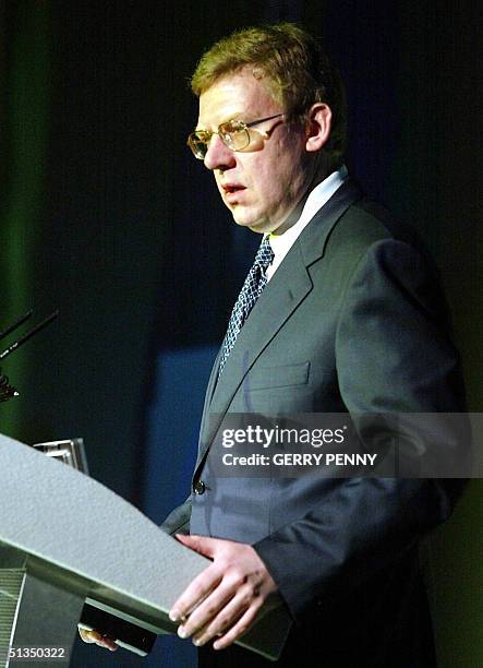 Aleksei Kudrin, First Deputy Prime Minister and Finance Minister of Russia, delivers his speech 18 April 2002, on the first day of the 5th Annual...