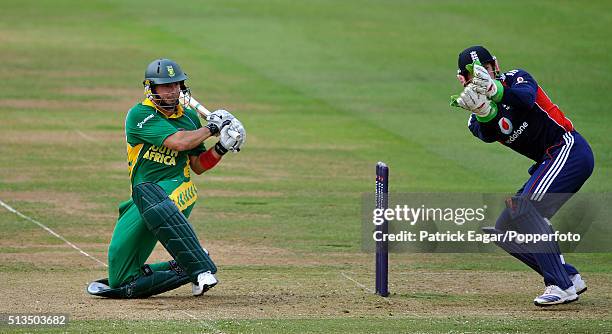 South Africa batsman Herschelle Gibbs sweeps Samit Patel during his innings of 74 runs in the NatWest Series One Day International between England...