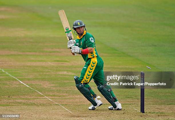 South Africa batsman Herschelle Gibbs is bowled by Stuart Broad off his thigh pad for 74 during the NatWest Series One Day International between...