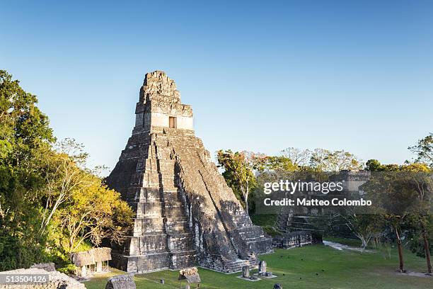 temple of the jaguar at sunset, mayan ruins of tikal, guatemala - tikal stockfoto's en -beelden