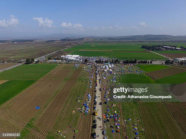 Aerial view of the transit camp on the Greek-FYROM border on March 01, 2016 in Idomeni, Greece. More than 7,000 immigrants and refugees are waiting...