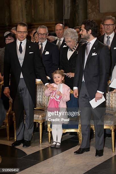 Prince Daniel, Princess Estelle and Prince Carl Philip attend a thanksgiving service for the newborn prince in the palace church at Stockholm Royal...