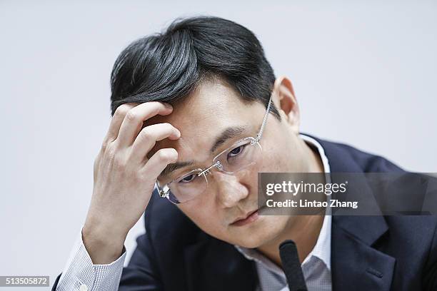 Pony' Ma Huateng, Chairman and Chief Executive Officer of Tencent Holdings Ltd., speaks at a news conference on March 3, 2016 in Beijing, China....