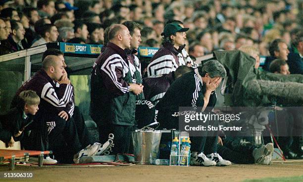 Newcastle United manager Kevin Keegan holds his head in hands during the FA Carling Premiership match between Leeds United and Newcastle United at...