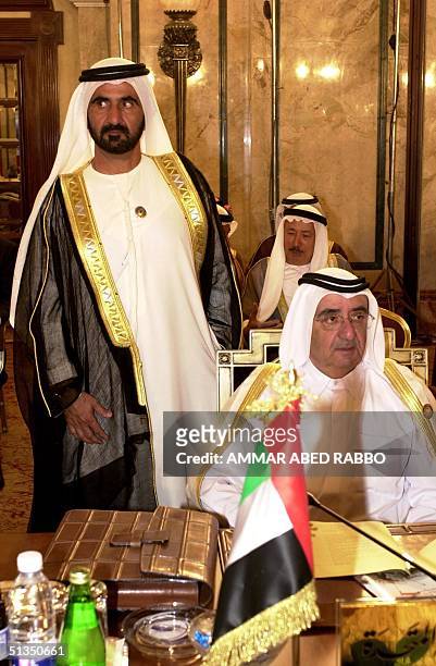 The United Arab Emirates' Vice President Sheikh Maktoum bin Rashid al-Maktoum and Dubai's Crown Prince, UAE Defence Minister Sheikh Mohammed bin...