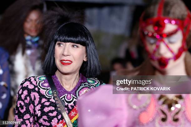 Lingerie designer Chantal Thomass presents a creation by Manish Arora during the 2016-2017 fall/winter ready-to-wear collection fashion show on March...