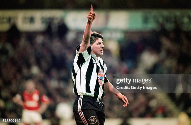 Newcastle United maestro Peter Beardsley celebrates his strike in a 1-1 draw during the FA Carling Premiership match between Nottingham Forest and...