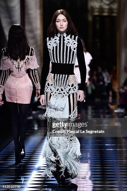 Gigi Hadid walks the runway during the Balmain show as part of the Paris Fashion Week Womenswear Fall/Winter 2016/2017 on March 3, 2016 in Paris,...