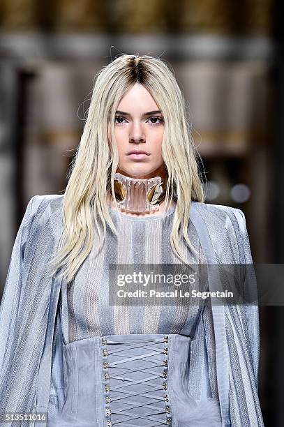 Kendall Jenner walks the runway during the Balmain show as part of the Paris Fashion Week Womenswear Fall/Winter 2016/2017 on March 3, 2016 in Paris,...