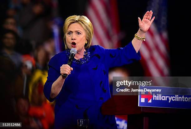 Hillary Clinton speaks at Post-Super Tuesday Rally at The Jacob K. Javits Convention Center on March 2, 2016 in New York City.