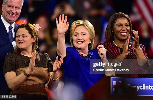 Mayor Bill de Blasio and Hillary Clinton attend Post-Super Tuesday Rally at The Jacob K. Javits Convention Center on March 2, 2016 in New York City.