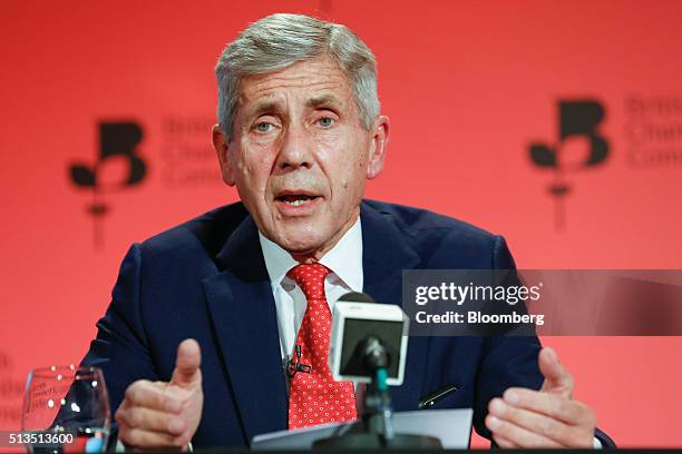 Stuart Rose, chairman of Stronger In pro-European campaign, gestures as he speaks during the 2016 British Chamber of Commerce annual conference in...