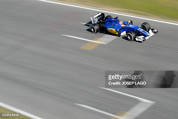 Sauber F1 Team's Brazilian driver Felipe Nasr drives at the Circuit de Catalunya on March 3, 2016 in Montmelo on the outskirts of Barcelona during...