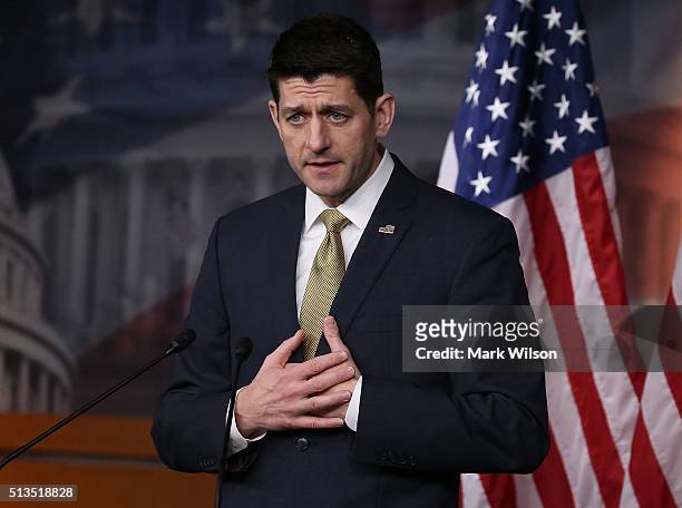 House Speaker Paul Ryan speaks to the media during his weekly briefing at the U.S. Capitol, March 3, 2016 in Washington, DC. Speaker Ryan spoke about...