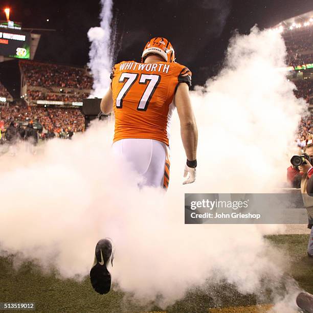 Andrew Whitworth of the Cincinnati Bengals takes the field for the game against the Houston Texans at Paul Brown Stadium on November 16, 2015 in...