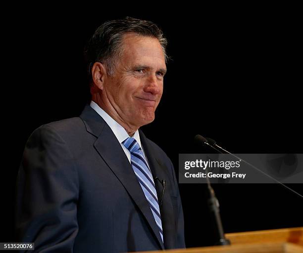 Former Massachusetts Gov. Mitt Romney gives a speech on the state of the Republican party at the Hinckley Institute of Politics on the campus of the...