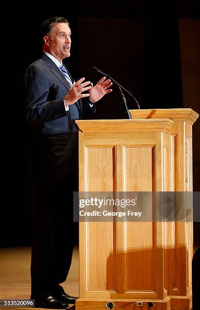 Former Massachusetts Gov. Mitt Romney gives a speech on the state of the Republican party at the Hinckley Institute of Politics on the campus of the...