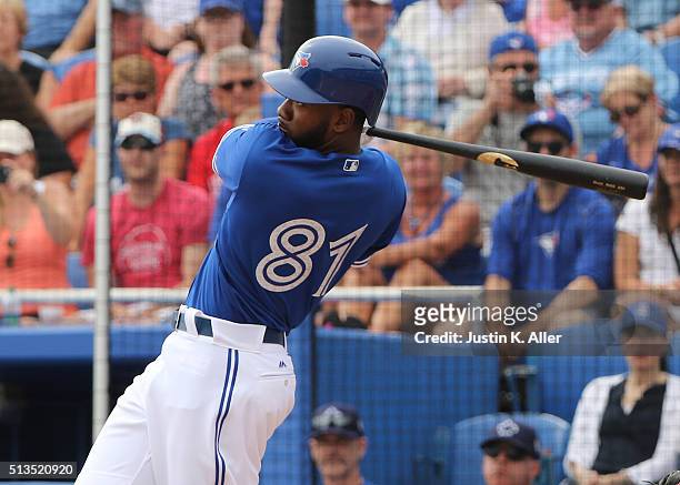 Dominic Brown of the Toronto Blue Jays in action during the game against the Philadelphia Phillies at Florida Auto Exchange Stadium on March 2, 2016...