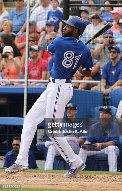 Dominic Brown of the Toronto Blue Jays in action during the game against the Philadelphia Phillies at Florida Auto Exchange Stadium on March 2, 2016...