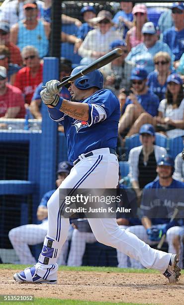 Humberto Quintero of the Toronto Blue Jays in action during the game against the Philadelphia Phillies at Florida Auto Exchange Stadium on March 2,...