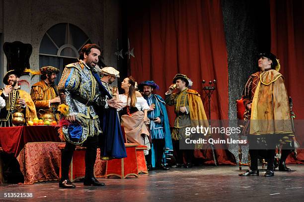 Artists of the Estudio Lirico Company perform during the dress rehearsal of Verdi’s Rigoletto opera on stage at the Philips Theatre on February 29,...