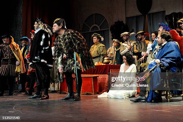 Artists of the Estudio Lirico Company perform during the dress rehearsal of Verdi’s Rigoletto opera on stage at the Philips Theatre on February 29,...