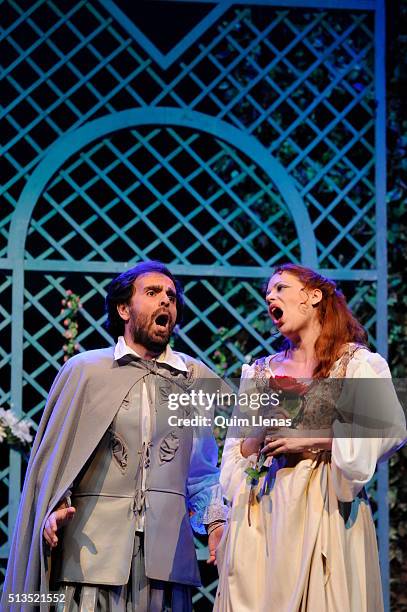 Two singers of the Estudio Lirico Company perform during the dress rehearsal of Verdi’s Rigoletto opera on stage at the Philips Theatre on February...